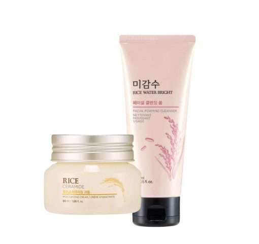 The Face Shop Rice Water Bright Foaming Cleanser & Rice Ceramide Moisturizing Cream Combo